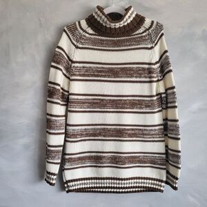 Vtg Hand Loomed Cream & Brown High Turtleneck Sweater Jumper No Size Flaw